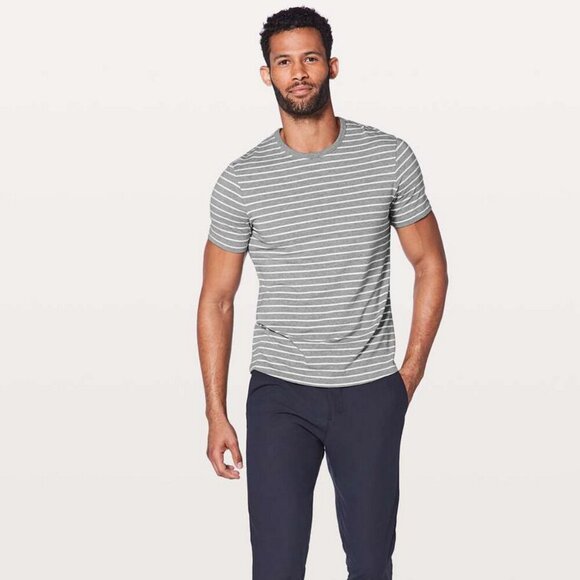 Lululemon 5 Year Basic Tee, Quiet Stripe Heathered Medium Grey White - Picture 1 of 4